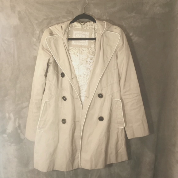 Guess Ruffle Double Breast Trench Rain Coat w/hood - Picture 4 of 6
